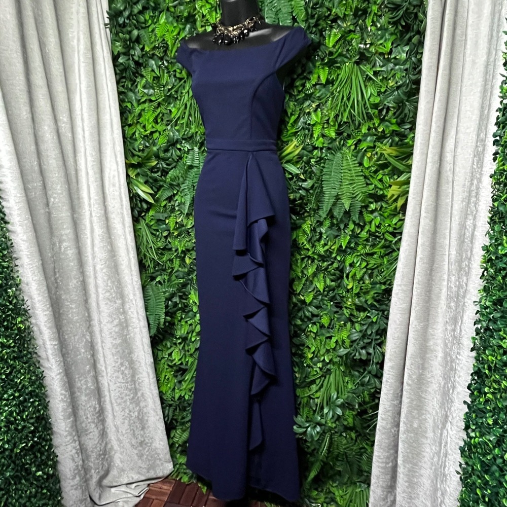 Lulus Dress Medium Blue Off the Shoulder Ruffle Maxi Gown Formal Side Slit 4174